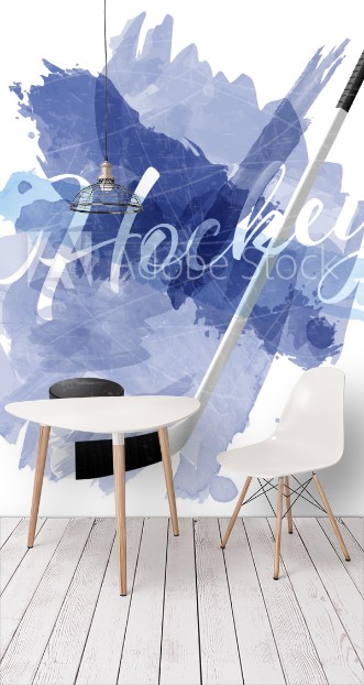 Picture of Abstract blue watercolor splashes with ice hockey equipment